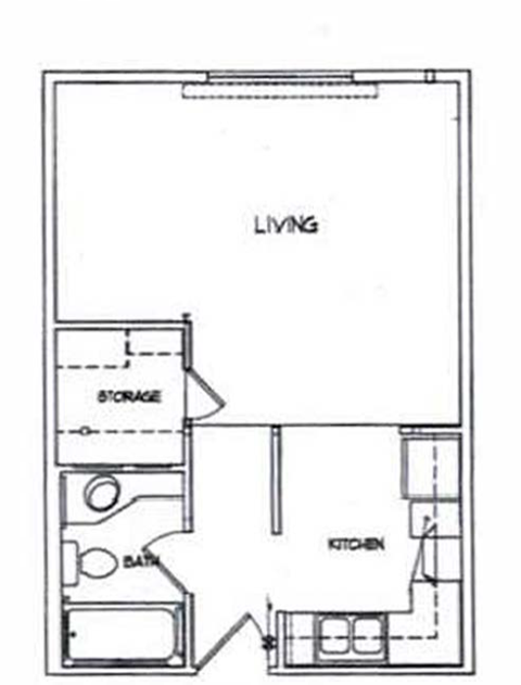 Floor plan for studio, 1 bath, 490 sqft
